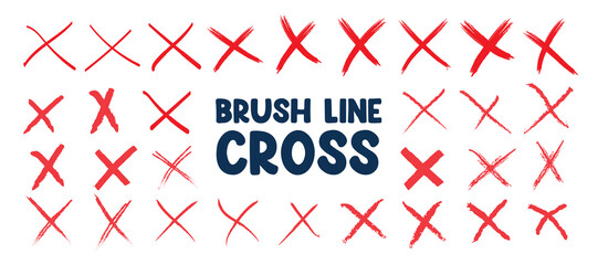 Red cross mark brush line in various style. Hand brush X marks, cancel, wrong, and close icon element vector illustration. Marker grunge sketch style cross symbols and reject checkboxes collection