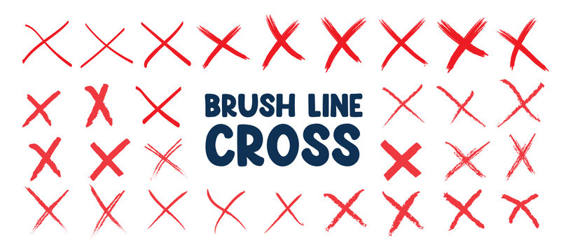 Red cross mark brush line in various style. Hand brush X marks, cancel, wrong, and close icon element vector illustration. Marker grunge sketch style cross symbols and reject checkboxes collection