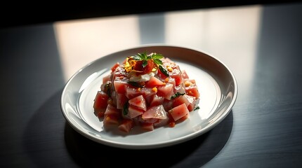 Close up of tuna tartare with garnish on a white plate dark surface