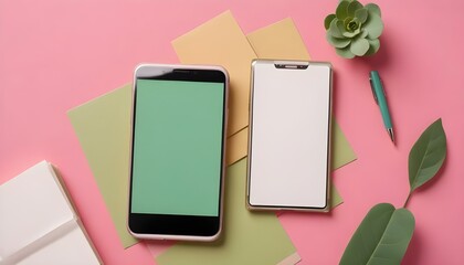 Smartphone with blank white display and notepad with craft paper on pink background
