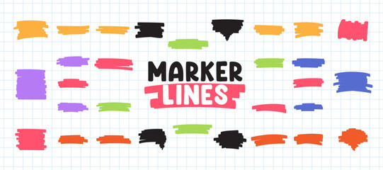 Colorful bold highlighter marker brush lines vector set collection. Underline, scribbles, curved, thick and thin marker highlighter. Hand drawn brush vector elements for highlighting and decoration