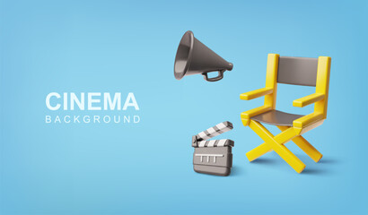 3D vector banner with folding yellow chair, clapperboard, and director's loudspeaker.