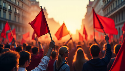 Vibrant Labour Day Rally: Capturing Organized Protest Spirit and Dynamic Union Activism in Urban Settings with Striking Visual Impact - Photo Stock Concept
