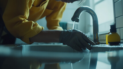 Obraz premium Plumber fixing a leaking pipe in a bathroom. Featuring technical expertise and precision