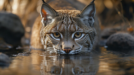 Obraz premium Iberian lynx drinking from stream, intense gaze reflecting in water