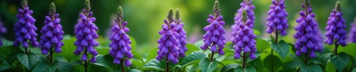 Dense purple blossoms aligned, vibrant green foliage , flowers, summer