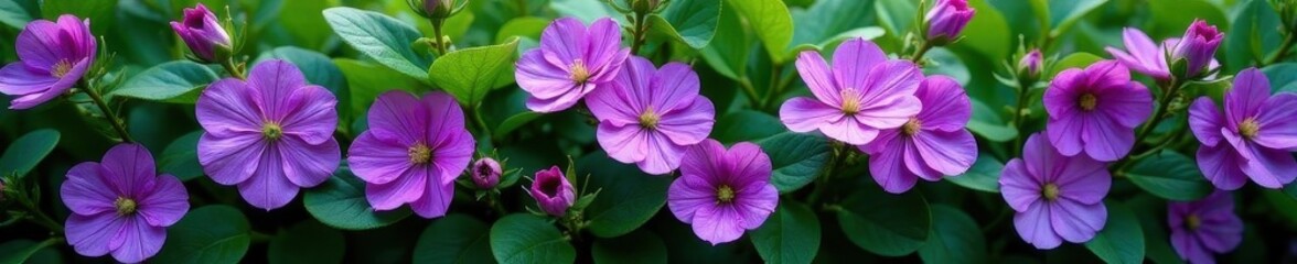 Dense purple blossoms aligned, vibrant green foliage , aligned, flower