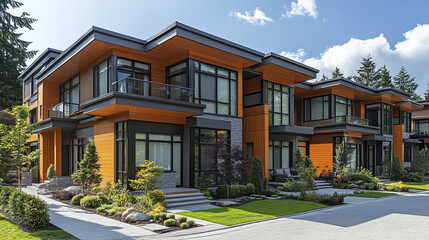 Fototapeta premium Modern residential development with sleek architecture and lush landscaping