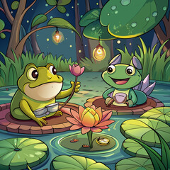 Fototapeta premium Two happy frogs enjoying a peaceful night by a pond with a blooming lotus flower