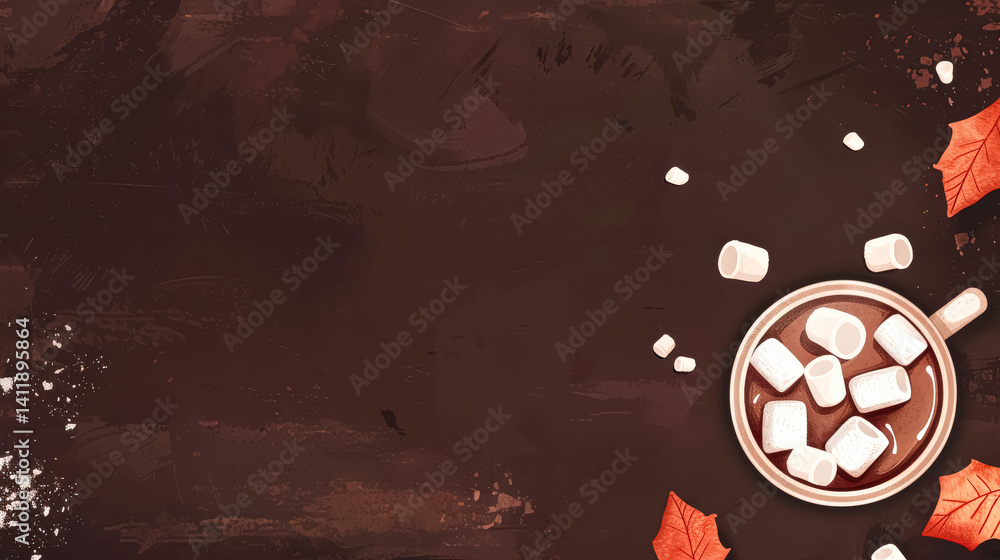 Poster brown background with a cup of marshmallows on it. the background is a bit messy and the marshmallow