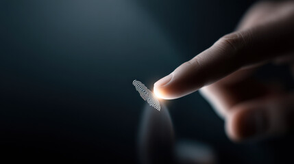 glowing digital fingerprint icon is touched on screen, symbolizing security and technology