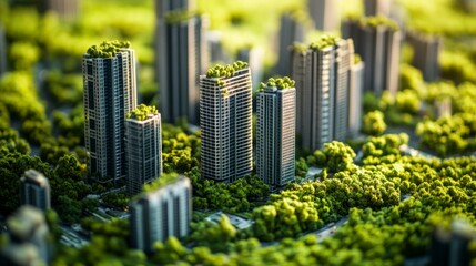 Obraz premium Urban Landscape of Modern Towers Surrounded by Lush Greenery