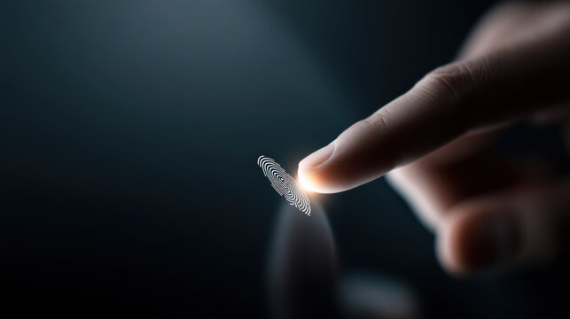glowing digital fingerprint icon is touched on screen, symbolizing security and technology