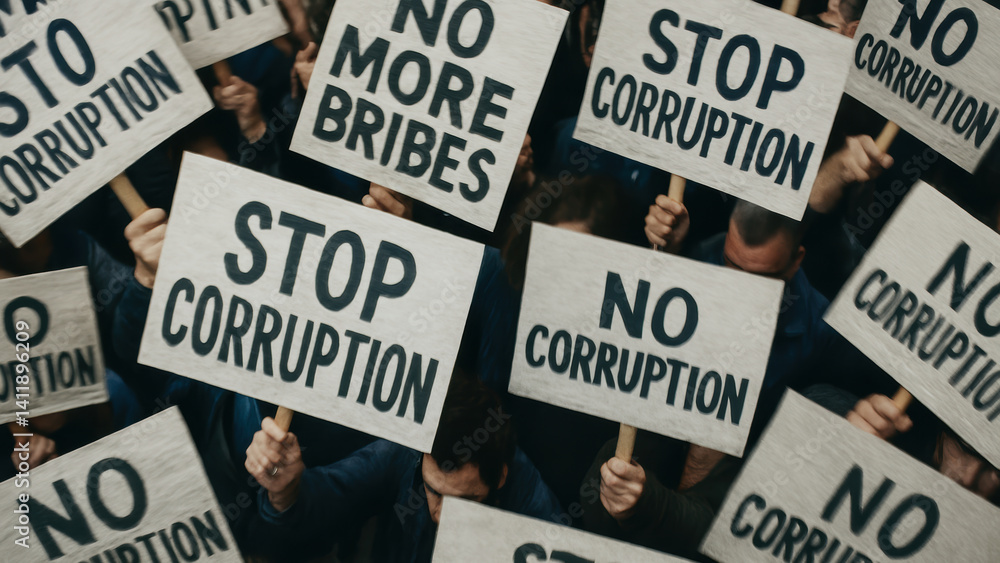 Poster protesters hold signs demanding to stop corruption and end bribery in powerful display of unity and 