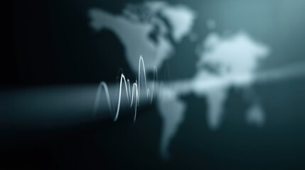 Abstract audio waveforms overlay blurred world map, creating futuristic and dynamic visual