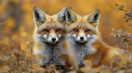 Two foxes sit together in forest with autumn leaves