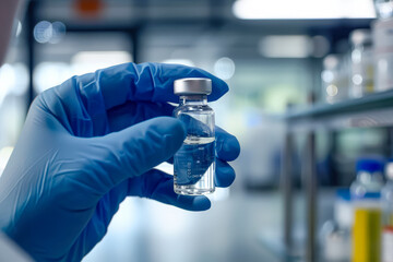 Person is holding a bottle of medicine in a lab. The bottle is clear and has a white cap. The person is wearing blue gloves