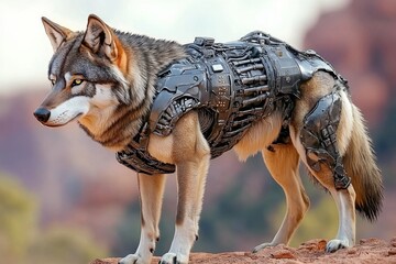 A bio-engineered wolf (Carnivora) with cybernetic implants tracking a high-tech drone in a dystopian wasteland