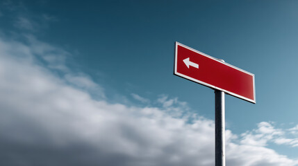Red directional sign with arrow pointing left against cloudy sky. Minimalist and clear