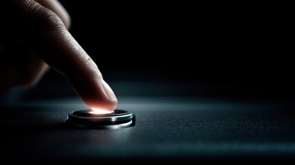 finger gently presses glowing power button in dark setting, evoking sense of technology and anticipation
