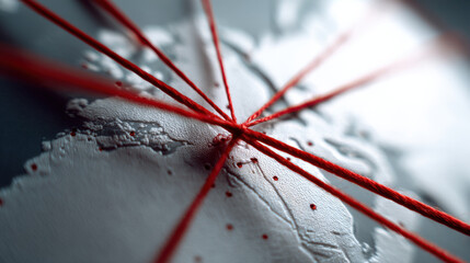 Red strings connect across globe map, symbolizing global connections