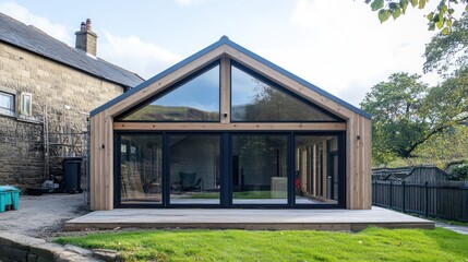 A wooden house extension under construction with large windows and an eco-friendly design.