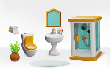 Bathroom interior vector set, 3D realistic sink and mirror, toilet bowl, matpotted plant, toilet paper and shower stall