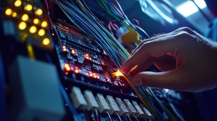 Cable installation technician connecting fiber optic lines at a worksite. Featuring precision and connectivity