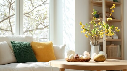 Contemporary spring living room with festive Easter accents and a balanced natural palette