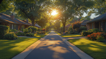 Obraz premium serene suburban street with lush greenery and sunlight filtering through trees