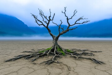 A dead tree with gnarled roots covered in ghostly mist, standing alone in a desolate landscape