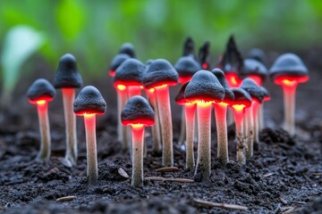 A decayed forest overtaken by eerie black mushrooms with red glowing veins