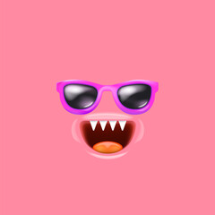 Vector Cartoon monster avatar with sunglasses, open mouth, fangs isolated on pink background. Funny and cute Halloween Monster open mouth with big vampire fangs. Bizarre face