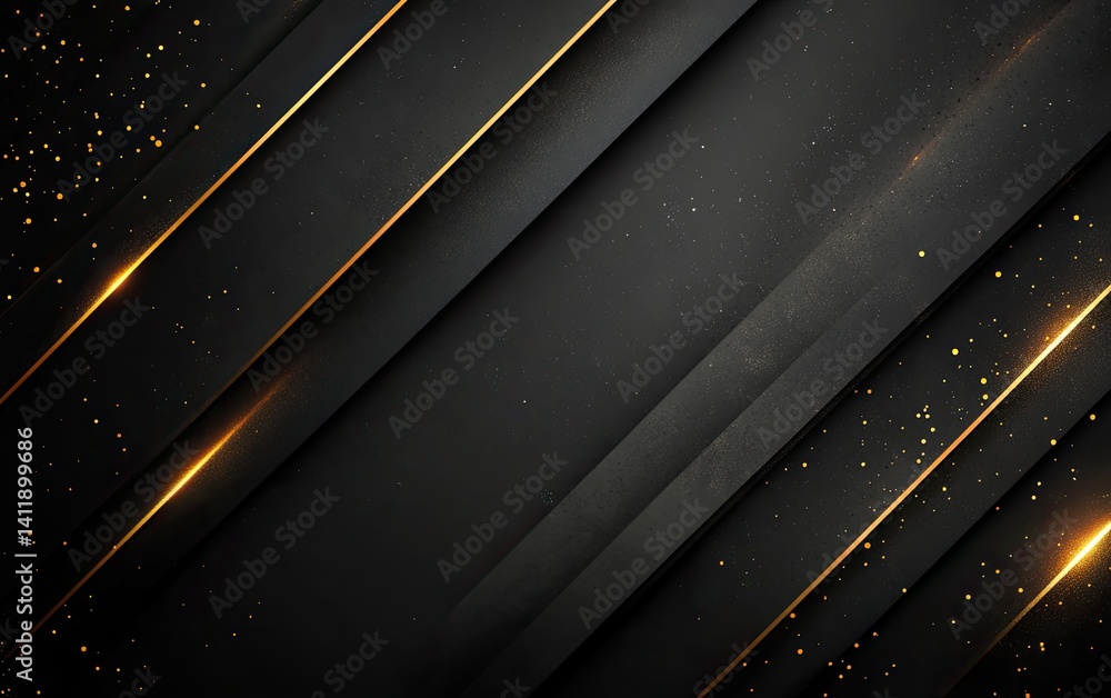 Poster abstract black shapes with golden sparkles and edges on dark background overlayed