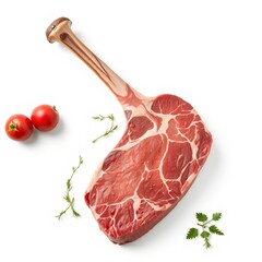 A juicy raw tomahawk steak with long bone handle rests on white background next to fresh thyme and cherry tomatoes.