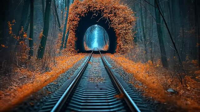Autumnal train tunnel pathway