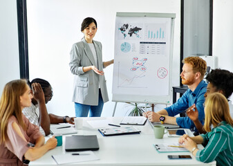 Fototapeta premium young business people meeting office teamwork group whiteboard presentation seminar woman businesswoman startup project idea student education training