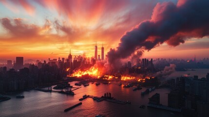 Fototapeta premium Crumbling city skyline engulfed in flames and smoke under a dramatic sunset sky, chaos all around