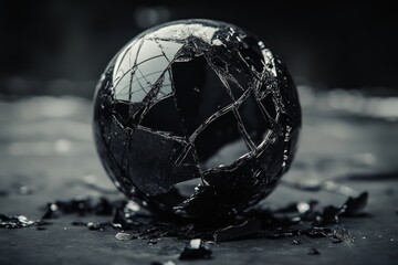 Shattered sphere of darkness.  A black glass orb, severely fractured, rests amidst its fragmented pieces.  Dark tones and dramatic lighting highlight the broken form