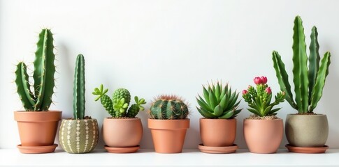 Diverse indoor cacti and succulents in pots, white background, leaves, nature, opuntia