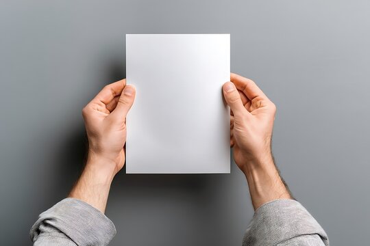 Hands with white sheet mockup for print display on gray  
