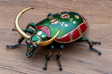 A gigantic stag beetle (Coleoptera) with golden armor, revered as a guardian deity in an ancient civilization