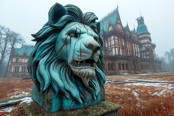 A gothic-style lion statue with cracks running through it, standing atop an abandoned castle ruin