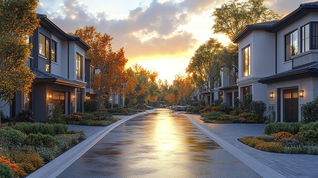 Peaceful upscale housing development with energy efficient homes at sunset