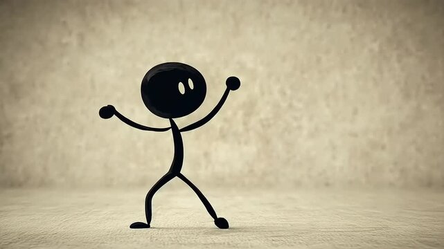 A joyful stick figure dancing on a textured surface with a neutral background ambiance