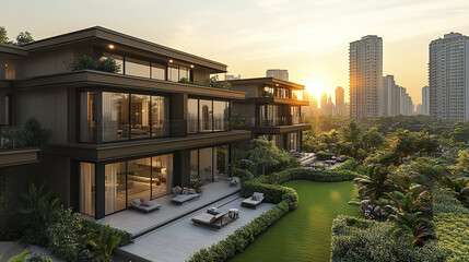 Fototapeta premium Modern urban housing with lush greenery and city skyline at sunset