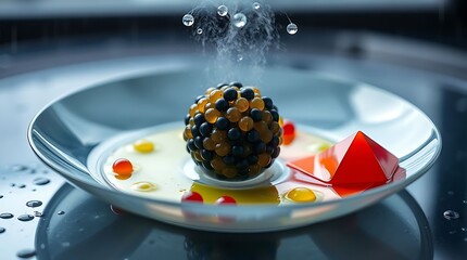 A spherical food creation with caviar and geometric jelly on a plate