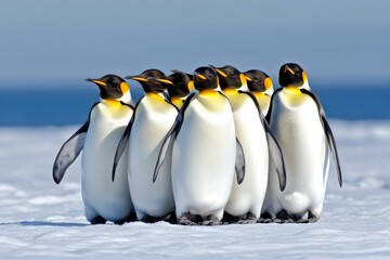 A huddle of penguins keeping warm, their bodies pressed closely together against the Antarctic winds