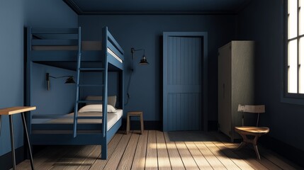A room in blue navy tones - a wall, a wardrobe, a door. Gray bunk bed with drawers. The space of a hostel or boys room in a minimalist style. Black spots and wood floor. 3d rendering