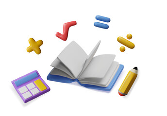 3D math tools and symbols set: notebook, pencil, calculator, plus, equal, root, division signs.